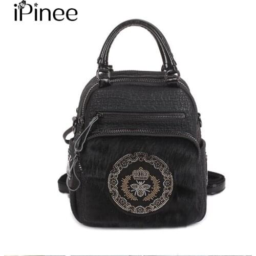 IPinee Natural Horsehair Crossbody Bags Women Bag Luxury Vintage Female Shoulder Bags Famous Brands Ladies Handbag Multifunction