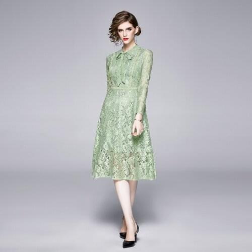 Womens Dresses Lace Office Lady A-Line Bow Mid-Calf Lace Solid 2020 New Dresses Full Sleeve Party Night Elegant Summer Dresses