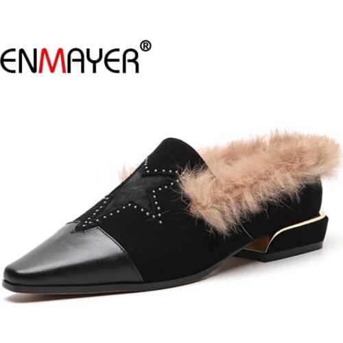 ENMAYER Women Flats Shoes Autumn Square Toe Slip-on Size 34-39 Causal Black Shoes for woman Flats Shoes Fuax fur Warm CR2026