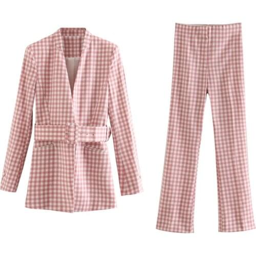 2020 Summer Women Casual Plaid Two-piece Sets V-Neck Sashes Blazers Coats and Elastic Waist Pants Female 2 Piece Set Pant Suits