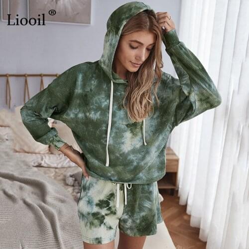 Liooil Knitted Print Tie Dye Loose Two Piece Set Women 2020 Autumn Hoodies Shirts And Shorts Long Sleeve Casual Women 2pcs Sets