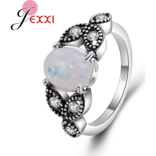 Black Leaf Shape Wedding Party Rings For Women Big White Fire Opal Rings Vintage 925 Sterling Silver Finger Rings Jewelry