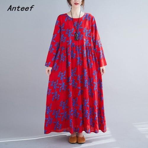 Long sleeve plus size cotton linen vintage floral for women casual loose autumn dress elegant clothes 2021 ladies dresses