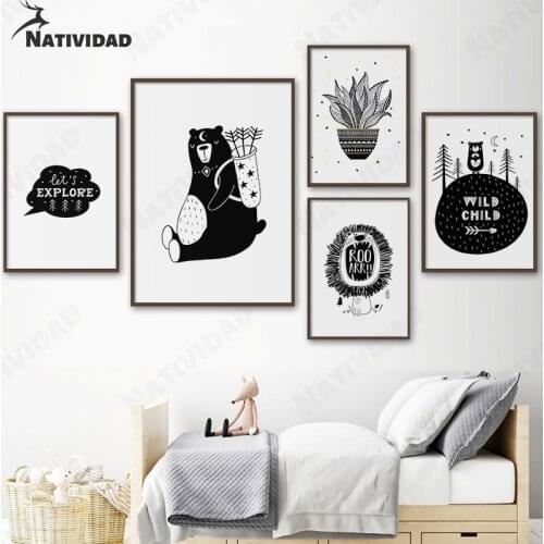 Bear Canvas Painting Home Decoration Black and White Animal Minimalism Korean Poster Aesthetics Living Room Art Wall Stickers