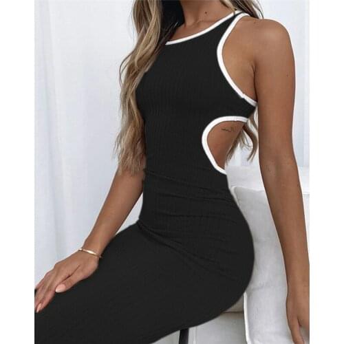 2021 Summer Casual Contrast Binding Cutout Sleeveless Sexy Corset Womens Midi Dress Ladies Elegant Party Bodycon Dress Fashion