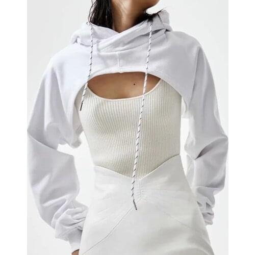 2021 Fall Fashion Female Short Tops Adults Solid Color Long Sleeve Hooded Pullover Outerwear for Spring Fall, White/Gray, S/M/L