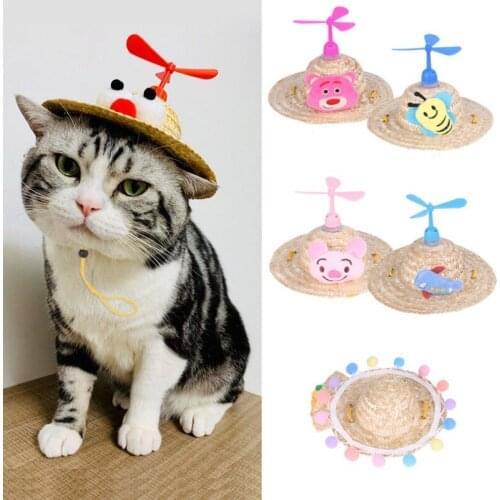 5 Types Pet Cat Dog Hat Pet Straw Sombrero Sun Hat for Beach Party with Cute Lace Pompom or Fun Bamboo Gragonfly Pet Products