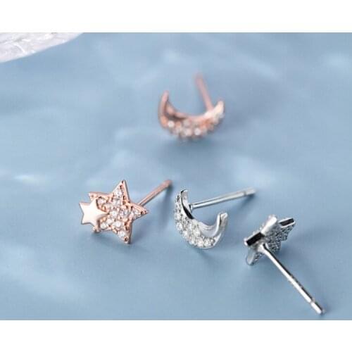 925 Sterling Silver CZ Moon Star Silver Post Stud Earrings Women Jewelry A1656