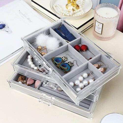 Three-drawing Multi-frame Acrylic Flannel Storage Box Jewelry Necklace Finishing Box Earrings Ring Display Stand Flannel Tray