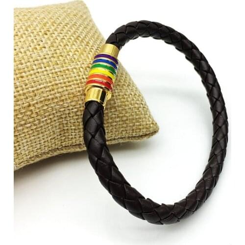 Imitation Leather Rainbow StainlessSteel Magnet Buckle Bracelet Gay Pride Bracelet With Stainless Steel Accessories Male Jewlery