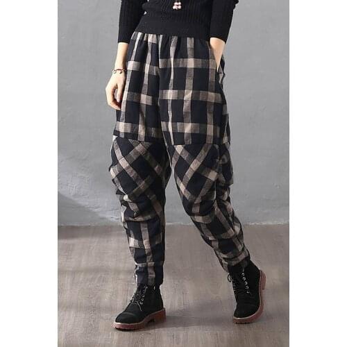 Spring Summer Arts Style Women Elastic Waist Harem Pants Vintage Cotton Linen Plaid Pants Loose Female Trousers Plus Size