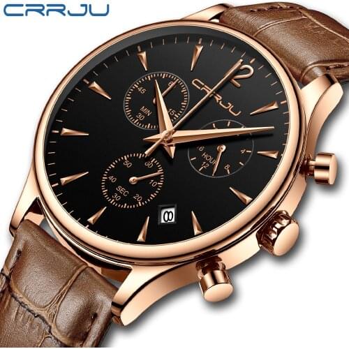 CRRJU Leather Watches Men Casual Sport Chronograph Top Brand Luxury Quartz Men Watch Waterproof Date watch Relogio Masculino