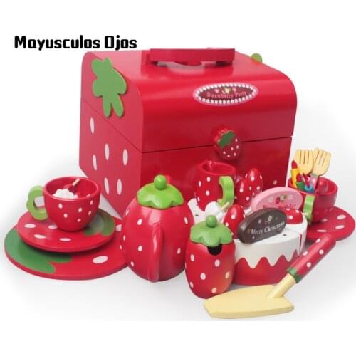 Wooden Afternoon Tea Strawberry Red Birthday Cake Cut And Cut Childrens Play House Kitchen Toy Set