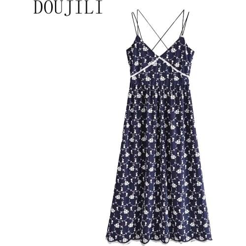 DOUJILI Women Midi Dress Nvy Color White Flower Printing Backless Sleeveless Soft Loose Dress For Summer Wearing