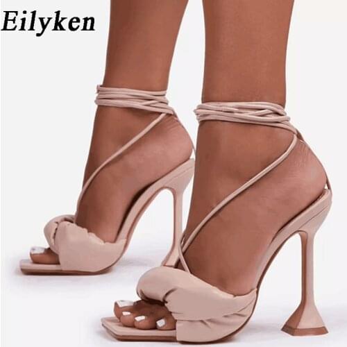 Eilyken Fashion New Ankle Strap Sandals Summer Female Sexy Cozy Lace-up Square Toe High Heels Narrow Band Women Shoes Size 35-42