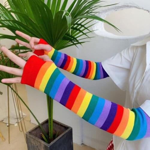 Stretchy Knitted Elbow Length Arm Sleeves UV Protection Rainbow Colored Stripe Sleeve Outdoors Sleeve Tattoo Cover Up