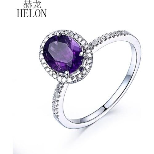 HELON Solid 14k White Gold 8X6mm Oval Natural Amethyst Diamonds Engagement Wedding Ring For Women Anniversary Fine Jewelry Gift