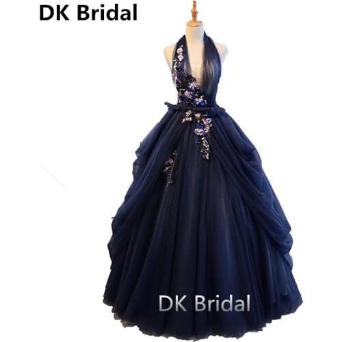 Colorful Charming Sexy Sleeveless Tulle Ball Gown Long Prom Dresses 2019 Halter Lace Up Appliques Prom Dress vestidos de gala