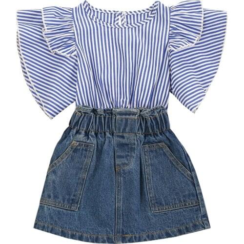 Kids Baby Girls Fashion 2-piece Outfit Set Fly Sleeve Striped Tops+Denim Skirt Set 2-7T