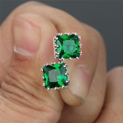 Charm Fashion Green Crystal Stud Earrings Mystic Rainbow Square Stone Earrings Rose Gold Silver Color Wedding Earrings For Women