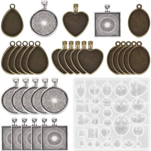 30 pcs Pendant Base & 1 Set Silicone Casting Resin Molds For DIY Resin Jewelry Pendant