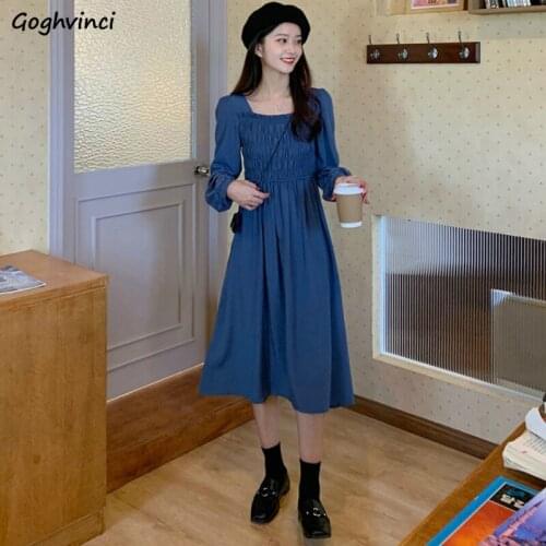 Long Sleeve Dress Womens Elegant Square Collar High Waist Stretchy Mid-calf Leisure Retro Ladies Korean Style Ulzzang Streetwear