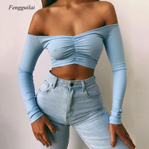 Off Shoulder Crop Top Women Summer Long Sleeve t Shirt V Neck Tshirt Elegant Party Club Tee Shirt Femme Dames Streetwear