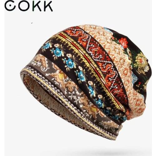 COKK Hat Women Spring Summer Thin Beanie Flower Printed Windproof Headgear Cap Bonnet Riding Outdoor Headwrap Cotton Gorro New