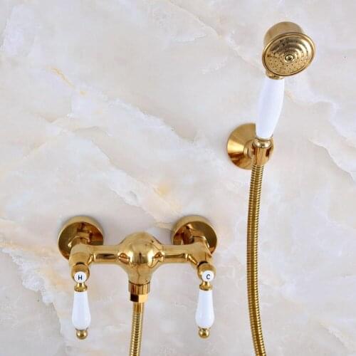 Contemporary Luxury Gold Color Brass Wall Mounted Bathtub Faucet with Handheld Shower Set +150CM Hose Mixer Tap 2na978