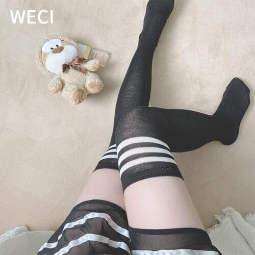 WECI Women Black Thigh Knee-High Socks Lolita Cotton School Girl Stockings Long Anime Spring Summer Student Cute Striped Legging