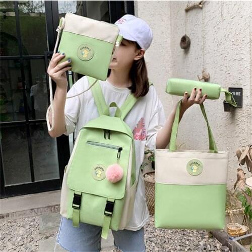 Japanese Solid Color Cute Backpack 4Pcs Preppy Style Fashionable Girl Travel Schoolbag Waterproof Large Capacity Students Campus
