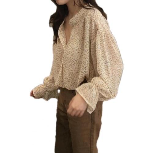 Plus Size Loose Women Spring Autumn Elegant Casual Blouses Long Puff Sleeve V Neck Floral Print Chiffon Shirt Loose Blouse Top