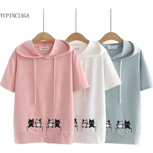 Women Hooded Sweatshirts 2021 Summer Mori Girl Style Four Cats Embroidered Harajuku Hoodies Cotton Short Sleeve Pullover 2115002