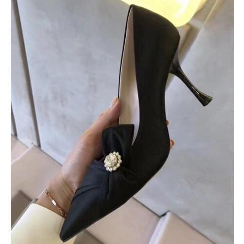 Moraima Snc Newest Black Satin high Heel Shoes Woman Pointed Toe Thin Heels Pumps Sexy Crysatl Decorations Dress Heels