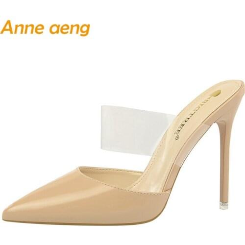 2019 New Summer Outside Women Slippers High Thin Heel Pointed Toe Solid Fashion Sexy Ladies Women Shoes Nude Female Mules Slides