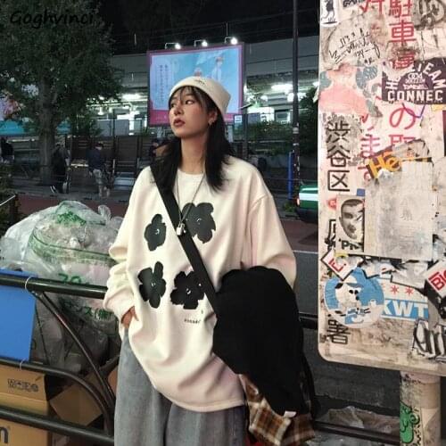 Hoodies Women O-neck All-match Printed Chic Kpop Streetwear Vintage Loose Oversize Thin Autumn Spring Leisure BF Drop-shoulder