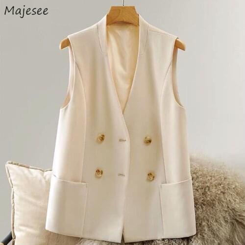 Vests Women Autumn Coats Beige Double Breasted Pockets Design All-match Back-slit Aesthetic Ladies Casual Daily Harajuku Fashion