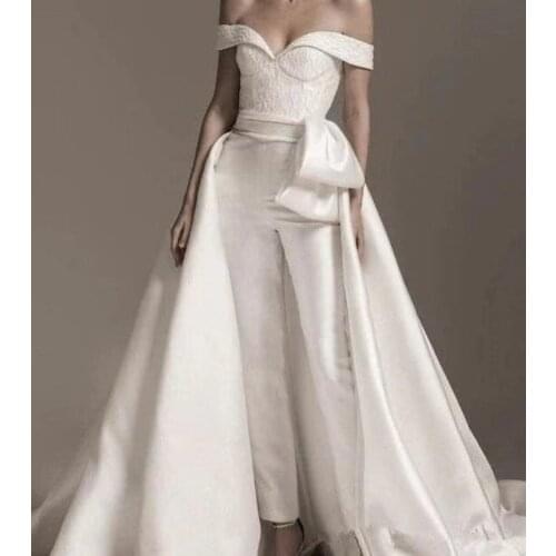 Robe Chic Bridal Dress 2 Piece Satin Wedding Jumpsuit Off the Shoulder 2021 Women Receiption Party Gown with Detachable Skirt