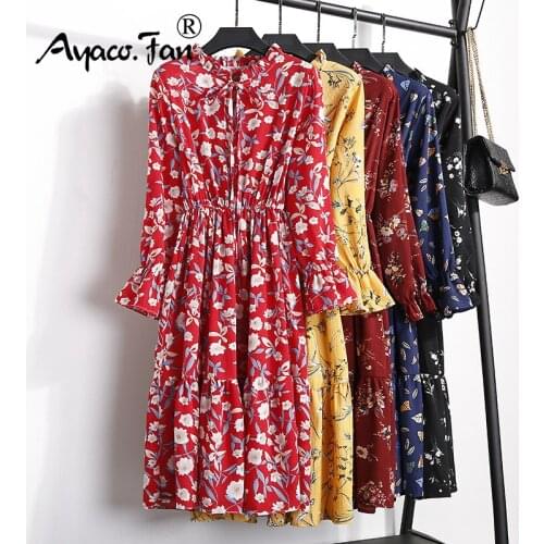 2019 Spring Autumn Chiffon Shirt Dresses Plaid Polka Dot Long Sleeve Dresses Women Dress Casual Red Midi Floral Dress Female