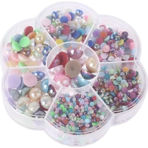 1 Box Mixed Size DIY Half Pearl Beads 3-12mm Assorted Beads Flat Back Plastic Craft with Storage Box for DIY Jewelry