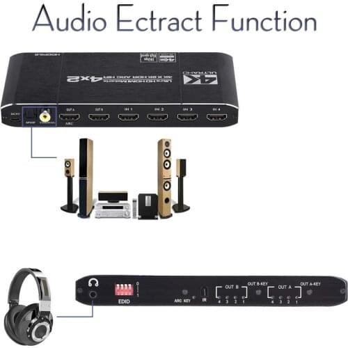 18.5 Gbps Matrix 4x2 4K@60Hz Switch Splitter with SPDIF and L/R 3.5mm HDR HDMI-compatible Switch 4x2 Support HDCP 2.2 3D
