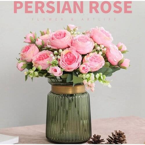 30cm Rose Silk Bouquet Peony Artificial Flowers 5 Big Heads 4 Small Bud Bride Wedding Party Home Decoration Fake Flowers Faux