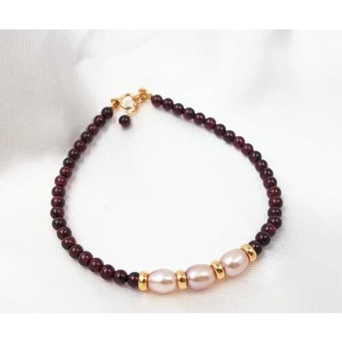 NEW Natrual red garnet 3-4mm Purple Pink Freshwater Pearl 925 sterling silver Bracelet