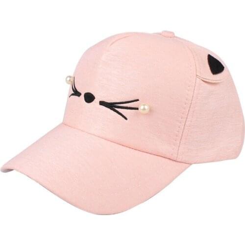 Cartoon Cat Ears Women Baseball Caps Embroidery Kitty Pearl Cute Sun Caps Adjustable Snapback Black Pink Blue White