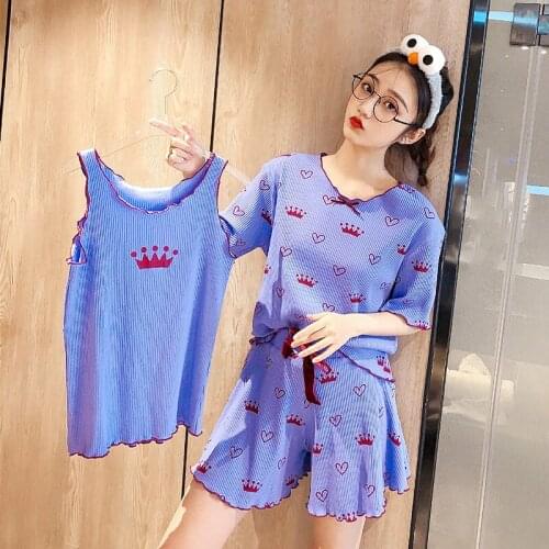 Cotton Short-sleeved Vest Pajamas Set Three-piece Female Summer Sweet Korean Casual Cute Homewear Suit Printed Nightgown K358