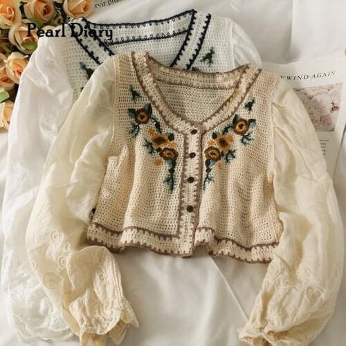 Pearl Diary Women Floral Embroidery Crochet Cardigans V Neck Buttons Front Bohemian Boho Cotton Blouse Retro Sweet Beach Tops