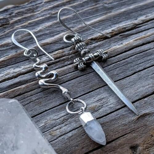 Dagger & Snake Crystal Dangle Earrings Goth Sword Dagger Gothic Vampire Goth Alternative Witchy Sword Jewelry