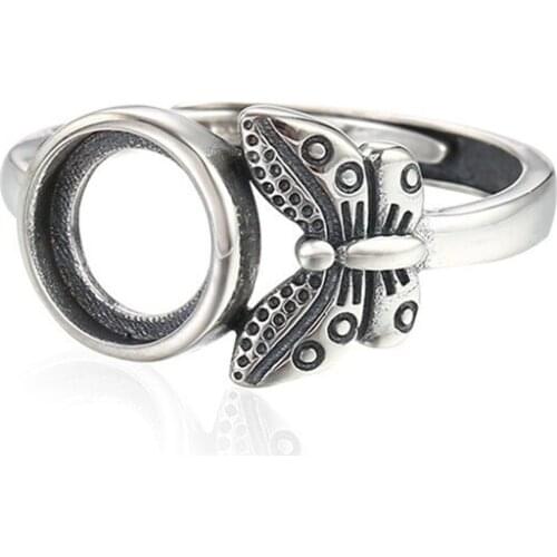 Ring Blank for 8x8mm Round Cabochons Adjustable Ring Base Thai Sterling Silver Antique Style Butterfly Ring Setting SR0134
