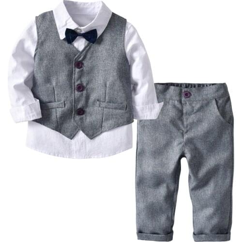 Children Boy Suit Outfits 2021 New Gentleman Party Clothing Set Grey Vest + Long Sleeved White Pink Shirt + Pants