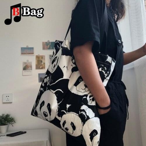 Womens Panda Cool Handsome Cotton Fabric Shoulder Bags High Capacity Book Shopping Handbag Ladies Beach Travel Cloth Totes